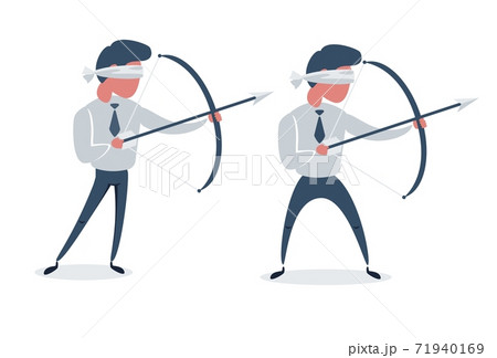 Blindfolded businessman shooting arrow. Missed the target. Isolated on white background. Set. Flat 71940169