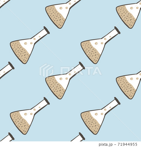 Simple seamless doodle pattern with chemical lab flask ornament. Educaion cartoon elements in beige and white tones on blue background. Simple seamless doodle pattern with chemical lab flask ornament. Educaion cartoon elements in beige and white tones on blue background. 71944955