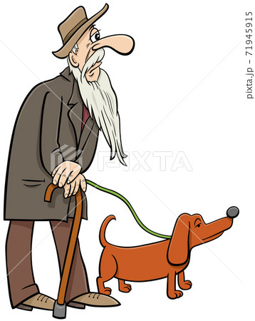 cartoon senior walking with dog comic characters - Stock Illustration  [71945915] - PIXTA
