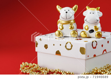 New year's toy of a bull and a cow with a gift on a red background. New year's toy of a bull and a cow with a gift on a red background. 71946689