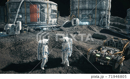 Meeting of astronauts at the lunar base near the lunar rover. View of the lunar colony and astronauts working at the space base. 3D Rendering. Meeting of astronauts at the lunar base near the lunar rover. View of the lunar colony and astronauts working at the space base. 3D Rendering. 71946805