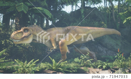 The Tyrannosaurus Rex dinosaur slowly creeps up on its prey in a thicket of green prehistoric jungle. View of the green prehistoric jungle forest on a Sunny morning. 3D Rendering. The Tyrannosaurus Rex dinosaur slowly creeps up on its prey in a thicket of green prehistoric jungle. View of the green prehistoric jungle forest on a Sunny morning. 3D Rendering. 71947033