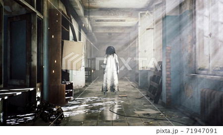 A horrible girl in a white dress, looking like a zombie, moves through an abandoned mystical house. View of an abandoned apocalyptic house. 3D Rendering. A horrible girl in a white dress, looking like a zombie, moves through an abandoned mystical house. View of an abandoned apocalyptic house. 3D Rendering. 71947091