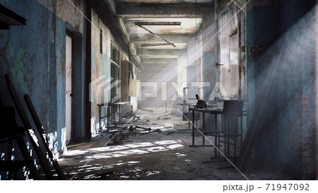 An abandoned mystical house with skeletons and rubbish on a dusty floor. View of an abandoned apocalyptic house. 3D Rendering. An abandoned mystical house with skeletons and rubbish on a dusty floor. View of an abandoned apocalyptic house. 3D Rendering. 71947092