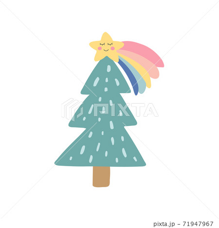 Cute Christmas tree with rainbow star. Kids nursery icon. Trendy hand drawn christmas tree. Holiday design element. Baby shower sticker. Daily planner. Vector illustration 71947967
