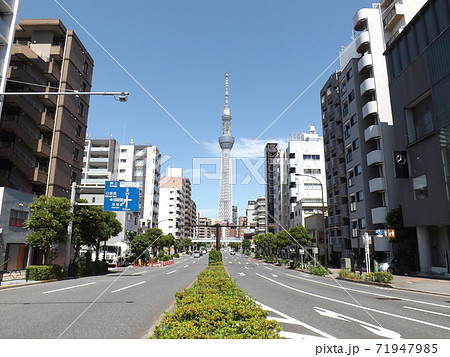 スカイツリーの見える大通りの写真素材