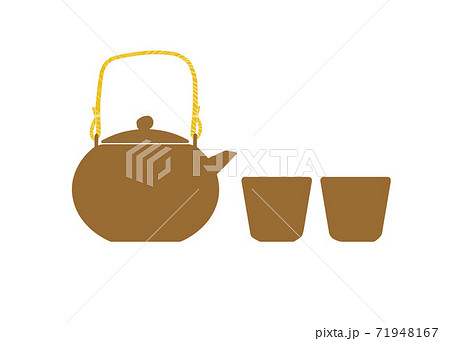 焼き物の急須と湯のみのセットのイラスト素材