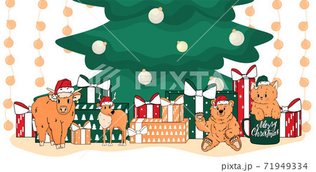 Christmas toys are near green Christmas tree. Bear, cat, deer, cow are in Santa hats. Cat is in the cup and has peach colour Christmas toys are near green Christmas tree. Bear, cat, deer, cow are in Santa hats. Cat is in the cup and has peach colour 71949334