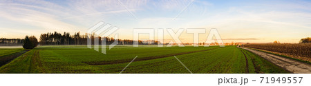 Panorama shot rural area with path between fields of leading to small Austrian village. Panorama shot rural area with path between fields of leading to small Austrian village. 71949557