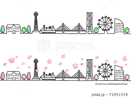 春の横浜の街並みと桜の手書き線画セットのイラスト素材