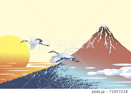 赤富士と鶴と初日の出の年賀素材 71957228