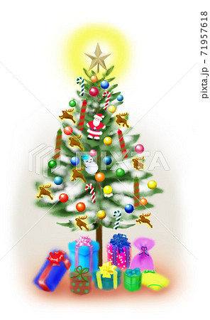 綺麗に飾ったクリスマスツリーと たくさんのプレゼントのイラスト素材