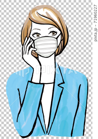 マスクをつけてい手を添えている女性の上半身イラストのイラスト素材