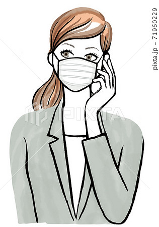マスクをつけてい手を添えている女性の上半身イラストのイラスト素材