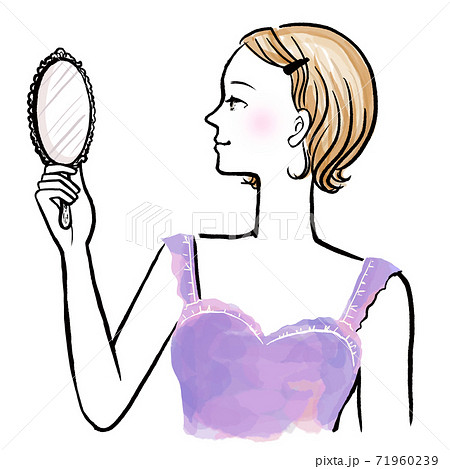 手鏡を見て微笑むショートカットの女性の上半身イラストのイラスト素材