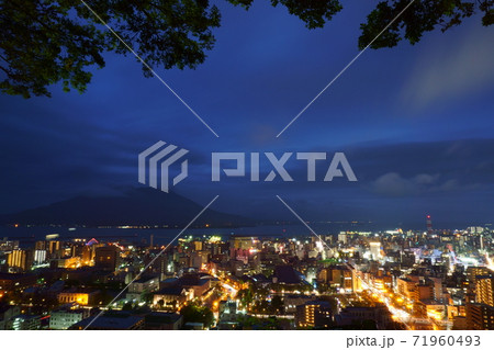城山公園展望台から見る桜島と鹿児島市街の夜景の写真素材