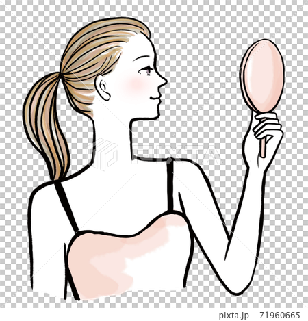 手鏡を持ち顔を見ている上半身の女性のイラスト素材