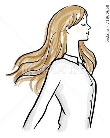 白シャツを着た深呼吸している横顔の女性のイラスト素材