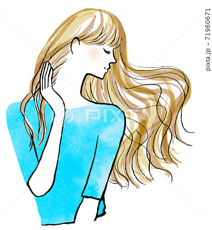 ロングヘアが風に揺れる横顔の女性の上半身のイラスト素材