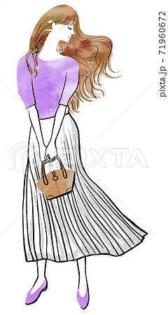 ロングヘアが風に揺れる横顔のプリーツスカートを着た女性のイラスト素材
