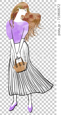 ロングヘアが風に揺れる横顔のプリーツスカートを着た女性のイラスト素材