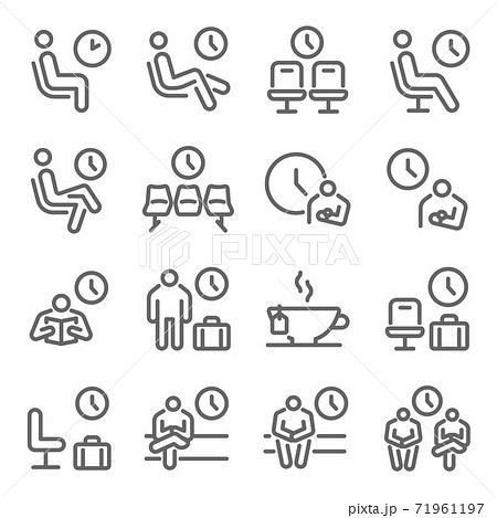 Waiting room icon illustration vector set. Contains such icons as Wait, Clock, Chair, Seat, Chilled, Lounge, and more. Expanded Stroke Waiting room icon illustration vector set. Contains such icons as Wait, Clock, Chair, Seat, Chilled, Lounge, and more. Expanded Stroke 71961197