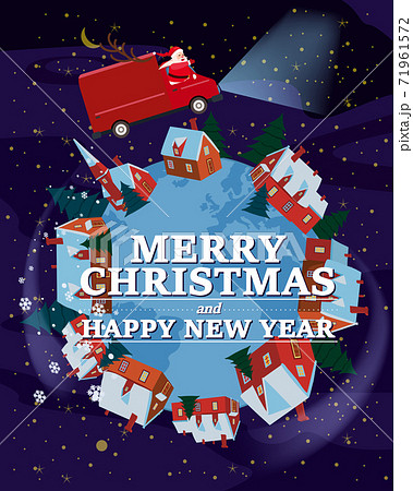 Santa Claus Van with text Merry Christmas and Happy New Year 2021 flies through the night sky above the Earth delivering shipping gifts. Flat cartoon style vector illustration Santa Claus Van with text Merry Christmas and Happy New Year 2021 flies through the night sky above the Earth delivering shipping gifts. Flat cartoon style vector illustration 71961572
