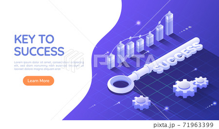 Isometric Web Banner Key to Success on Blue Background with Graph and Gear Isometric Web Banner Key to Success on Blue Background with Graph and Gear 71963399