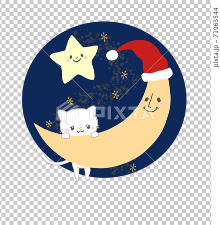 Cute hand-painted Christmas illustrations of the moon, white cat and stars wearing Santa hats in the starry sky Cute hand-painted Christmas illustrations of the moon, white cat and stars wearing Santa hats in the starry sky 71963544
