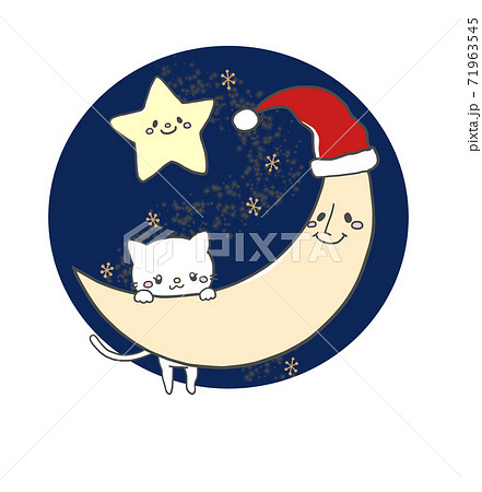 星空にサンタ帽をかぶったお月さまと白猫とお星さまのかわいい手描き風クリスマスイラストのイラスト素材