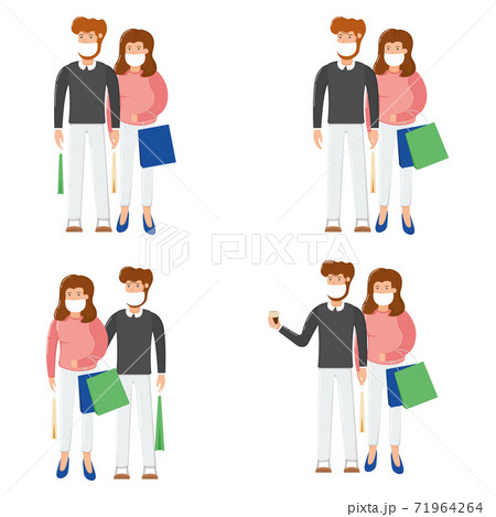 Lovely couple character man woman hold shopping bag package, merry christmas purchase gift cartoon vector illustration, isolated on white. 71964264