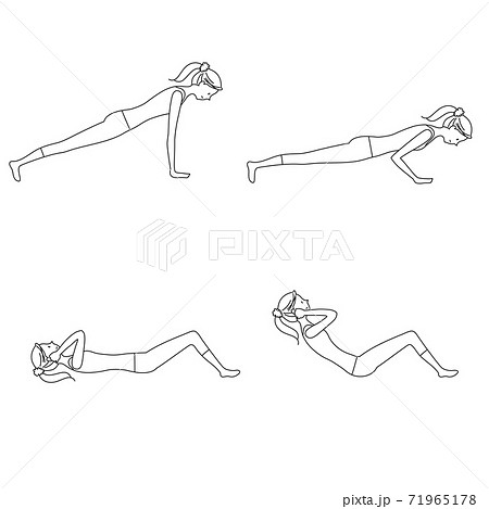 運動している女性のイラストセット 腕立て伏せ 腹筋 のイラスト素材