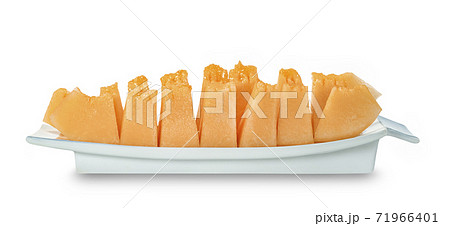 Orange cantaloupe melon fruit sliced on dish isolated on white background ,include clipping path 71966401