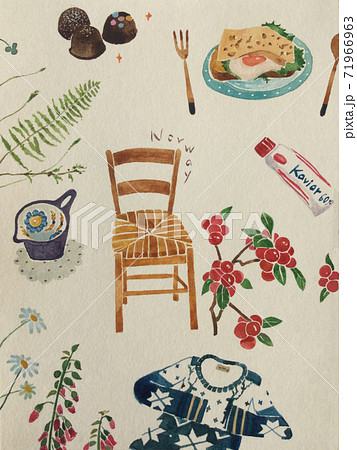 ノルウェーのかわいい雑貨や植物のイラスト 71966963
