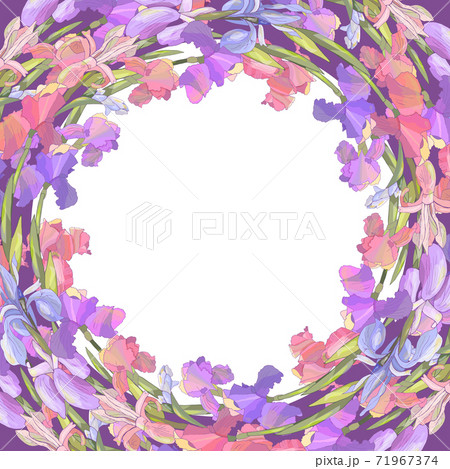 Round season wreath with irises isolated on violet 71967374