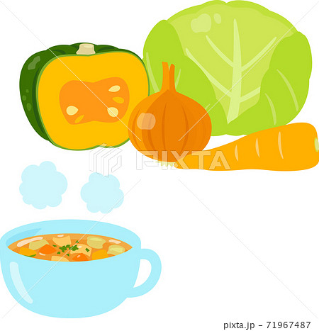ボウルに入った野菜スープと野菜のイラスト素材