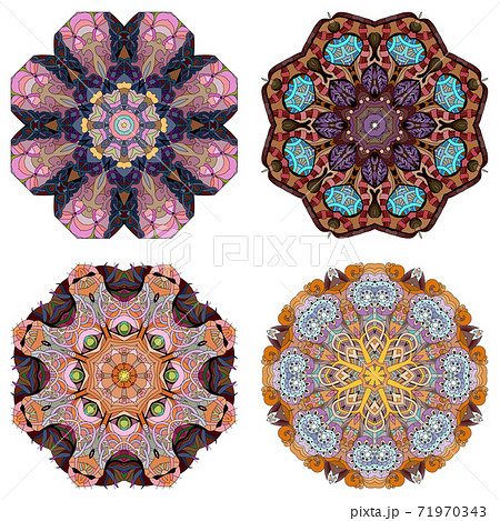 Hand drawn zentangle set of 4 color mandalas for decoration Hand drawn zentangle set of 4 color mandalas for decoration 71970343