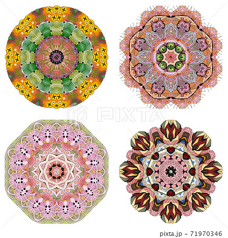 Hand drawn zentangle set of 4 color mandalas for decoration Hand drawn zentangle set of 4 color mandalas for decoration 71970346