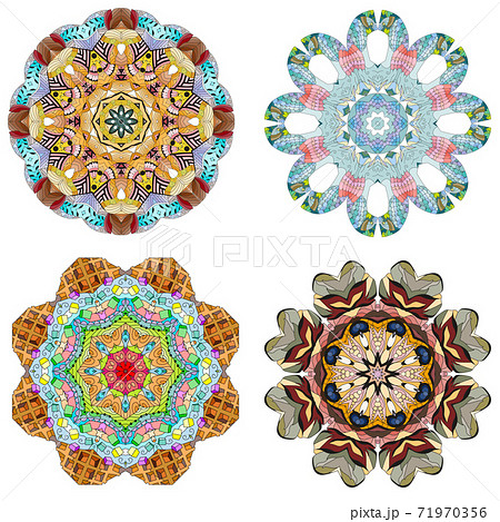 Hand drawn zentangle set of 4 color mandalas for decoration Hand drawn zentangle set of 4 color mandalas for decoration 71970356