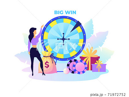 Fortune wheel. Woman with presents and money. Big win in lottery concept. Rotating circle for raffling prizes. Casino or entertaining television show. Vector banner of gambling and risky game Fortune wheel. Woman with presents and money. Big win in lottery concept. Rotating circle for raffling prizes. Casino or entertaining television show. Vector banner of gambling and risky game 71972752