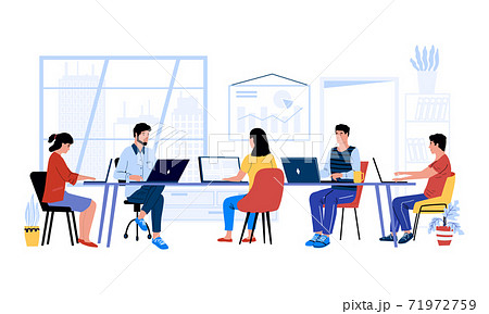 People at desk. Men and women working together at project. Office colleagues and coworking mates. Workspace interior. Communication and business process. Vector workspace illustration 71972759