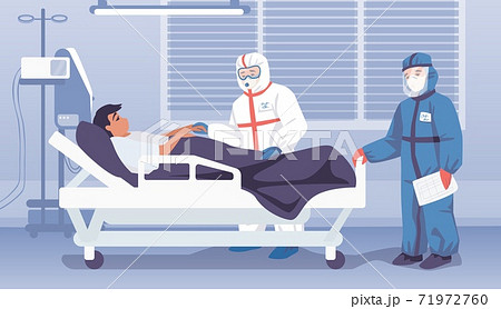 Doctors in hospital. Medical workers in personal protective suits. Patient lies on bed in hospital ward. Overalls, mask and goggles for employees. Vector infectious and viral diseases 71972760
