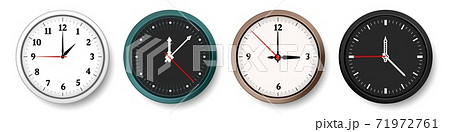 Clock. Realistic wall circle watches with hour, minute and second hands. Black or white minimalist dial, simple signs, arrows and numbers. Timepiece design, vector chronometers set 71972761