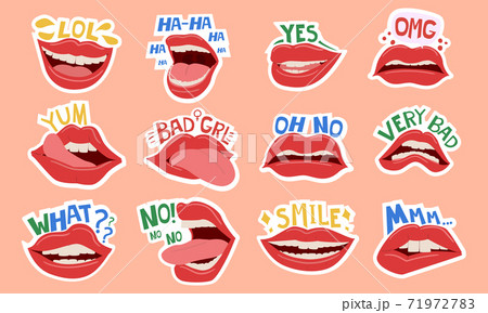 Girl lips stickers. Realistic mouth opened or half-closed, white teeth and tongue out. Emotions expressing and short phrases. Print for textile or web messenger template, vector set 71972783