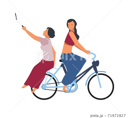 People on bike. Cute women riding on bicycle. Girls driving cycle and making selfie. Cyclist carries passenger. Eco-friendly transport, leisure and moving around city, vector vehicle People on bike. Cute women riding on bicycle. Girls driving cycle and making selfie. Cyclist carries passenger. Eco-friendly transport, leisure and moving around city, vector vehicle 71972827