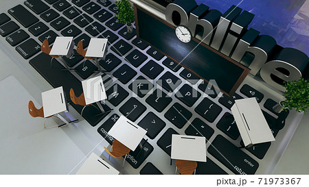 online education, classroom on computer keyboard perspective top view realistic 3D rendering online education, classroom on computer keyboard perspective top view realistic 3D rendering 71973367