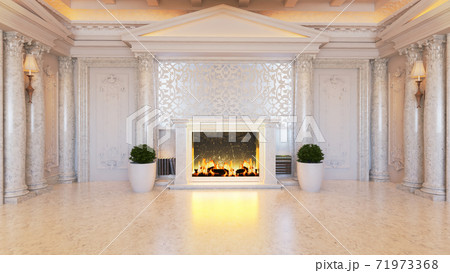 White baroque and classic interior design idea with fireplace and plant realistic 3D rendering White baroque and classic interior design idea with fireplace and plant realistic 3D rendering 71973368