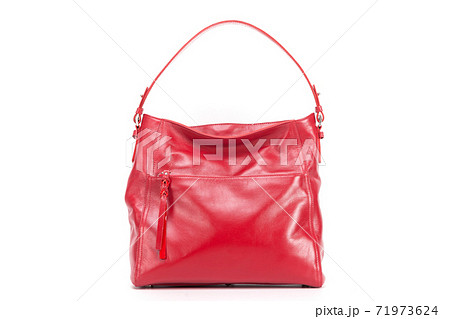 red stylish ladies leather bag on a white background, back view 71973624