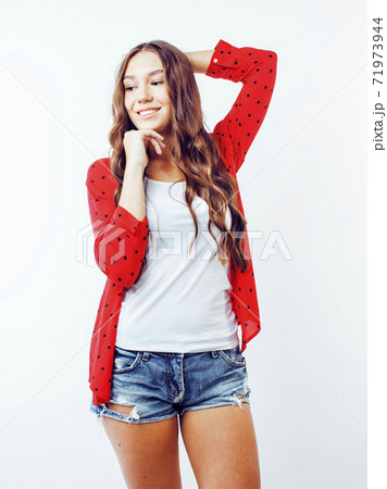young pretty stylish hipster girl posing emotional isolated on white background happy smiling cool smile, lifestyle people concept close up young pretty stylish hipster girl posing emotional isolated on white background happy smiling cool smile, lifestyle people concept close up 71973944