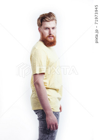 young handsome hipster ginger bearded guy looking brutal isolated on white background, lifestyle people concept 71973945